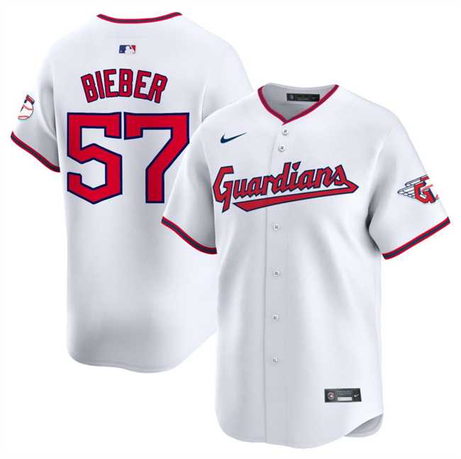 Men%27s Cleveland Guardians #57 Shane Bieber White Home Limited Stitched Jersey Dzhi